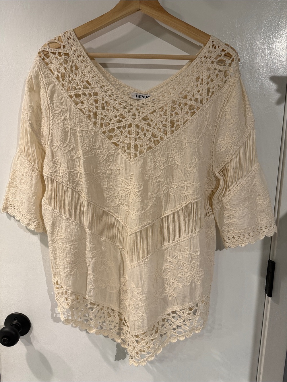 Renjo Boho Cream Lace Fringe 100% Cotton Women's Top